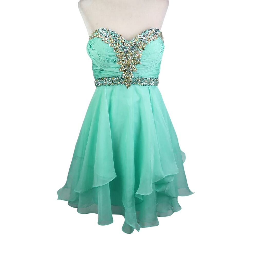 Samila & Co Aqua Green Jeweled Strapless Ruffle Mini Prom Dress 6